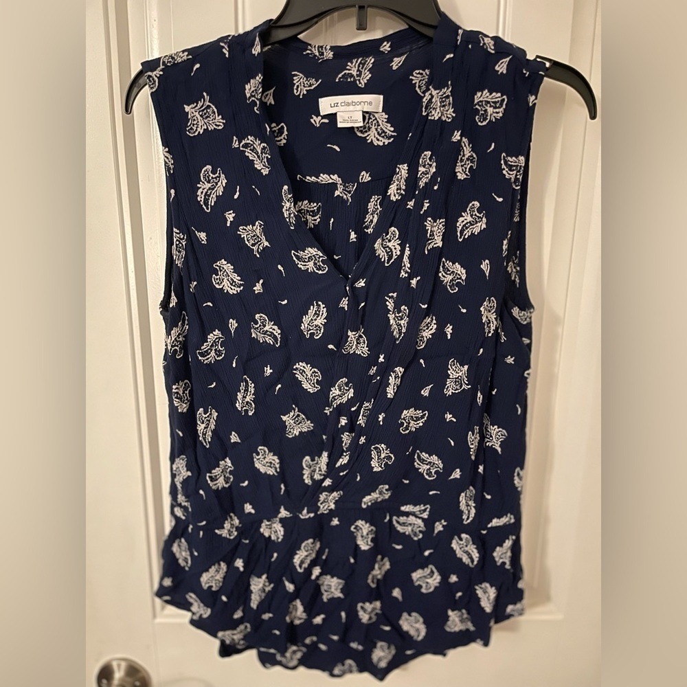 SLEEVELESS Liz Claiborne Lg  Sheer Floral/Feather Navy blue with white print Top